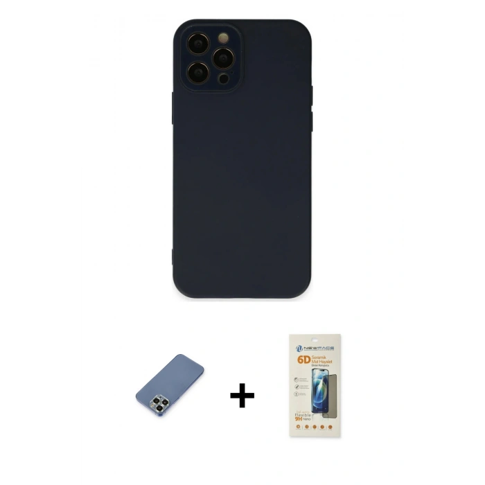 MARSİLYAN™- iPhone 12 Pro Kılıf Çekirdek Modern Serisi - Siyah 6D Mat Seramik Hayalet Nano Ekran Koruyucu + Metal Kamera Lens Koruma Cam - AKYL