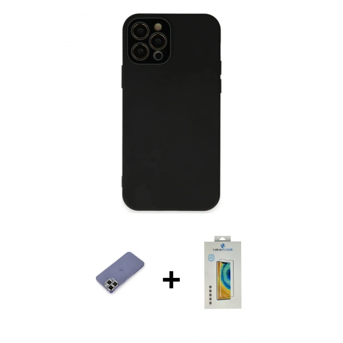 MARSİLYAN™- iPhone 12 Pro Kılıf Çekirdek Modern Serisi - Siyah Polymer Nano Ekran Koruyucu + Metal Kamera Lens Koruma Cam - GD