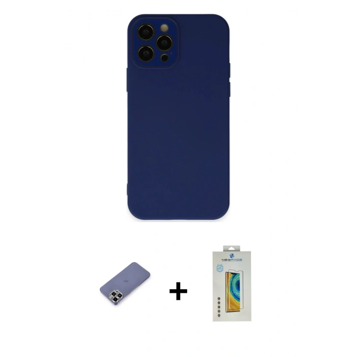 MARSİLYAN™- iPhone 12 Pro Kılıf Çekirdek Modern Serisi - Siyah Polymer Nano Ekran Koruyucu + Metal Kamera Lens Koruma Cam - GD