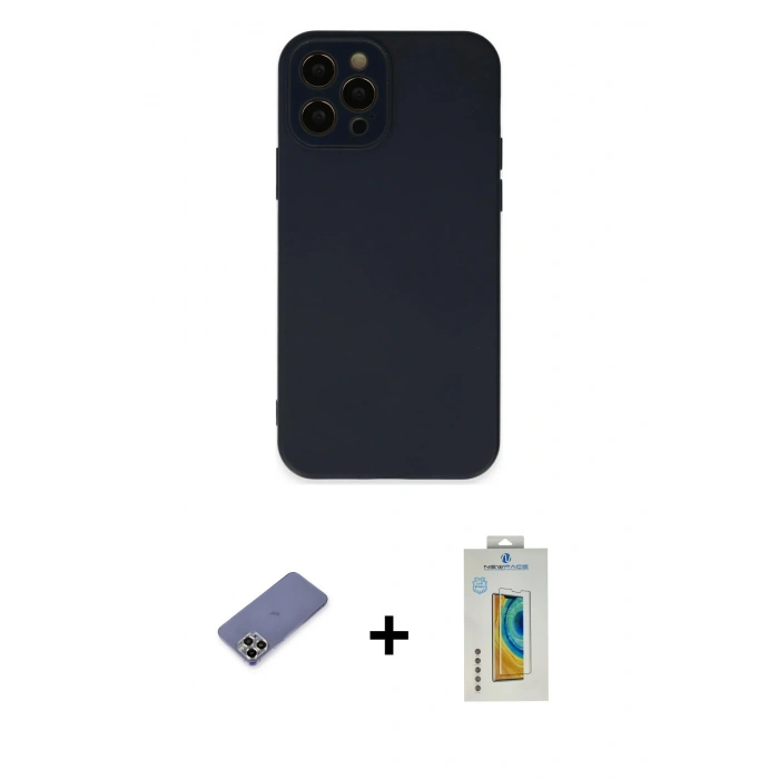 MARSİLYAN™- iPhone 12 Pro Kılıf Çekirdek Modern Serisi - Siyah Polymer Nano Ekran Koruyucu + Metal Kamera Lens Koruma Cam - GD
