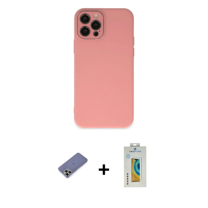 MARSİLYAN™- iPhone 12 Pro Kılıf Çekirdek Modern Serisi - Siyah Polymer Nano Ekran Koruyucu + Metal Kamera Lens Koruma Cam - GD