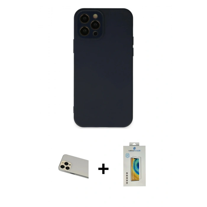 MARSİLYAN™- iPhone 12 Pro Kılıf Çekirdek Modern Serisi - Siyah Polymer Nano Ekran Koruyucu + Rainbow Kamera Lens Koruma Cam - GD