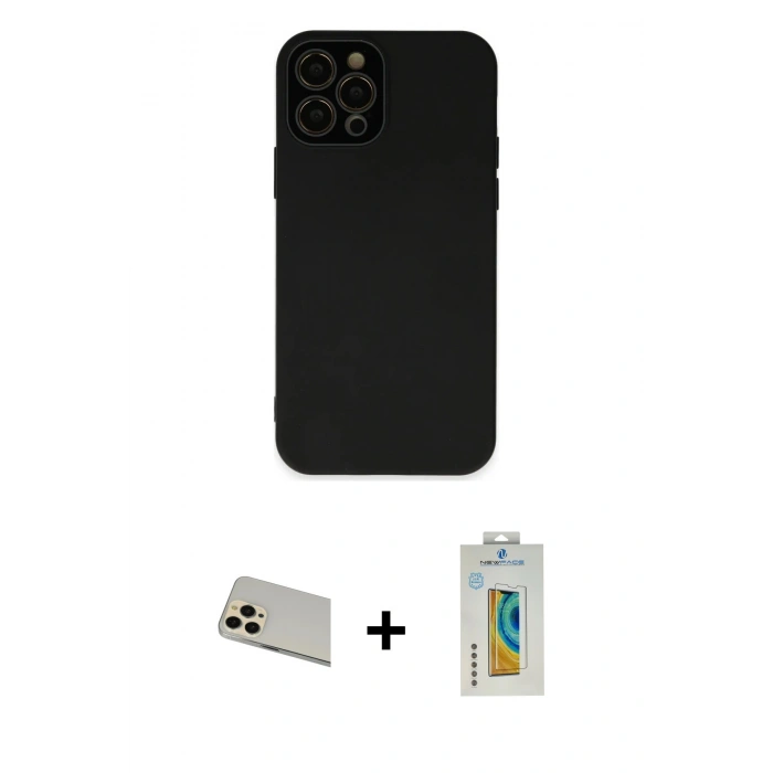 MARSİLYAN™- iPhone 12 Pro Kılıf Çekirdek Modern Serisi - Siyah Polymer Nano Ekran Koruyucu + Rainbow Kamera Lens Koruma Cam - GD