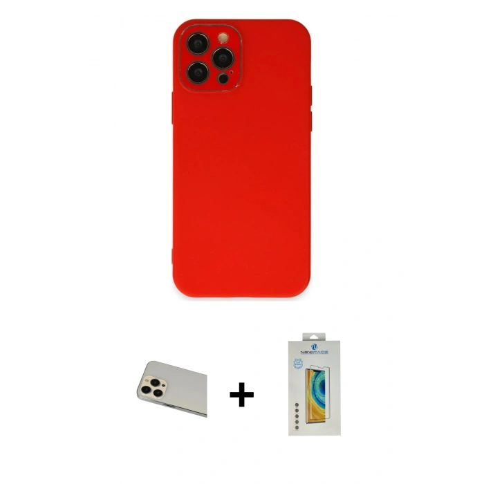 MARSİLYAN™- iPhone 12 Pro Kılıf Çekirdek Modern Serisi - Siyah Polymer Nano Ekran Koruyucu + Rainbow Kamera Lens Koruma Cam - GD