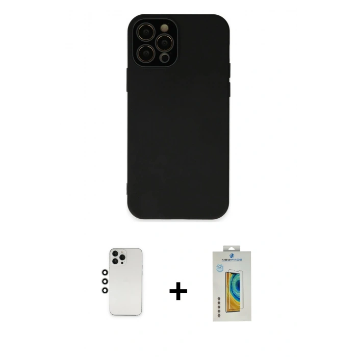 MARSİLYAN™- iPhone 12 Pro Kılıf Çekirdek Modern Serisi - Siyah Polymer Nano Ekran Koruyucu + Shine Kamera Lens - GS