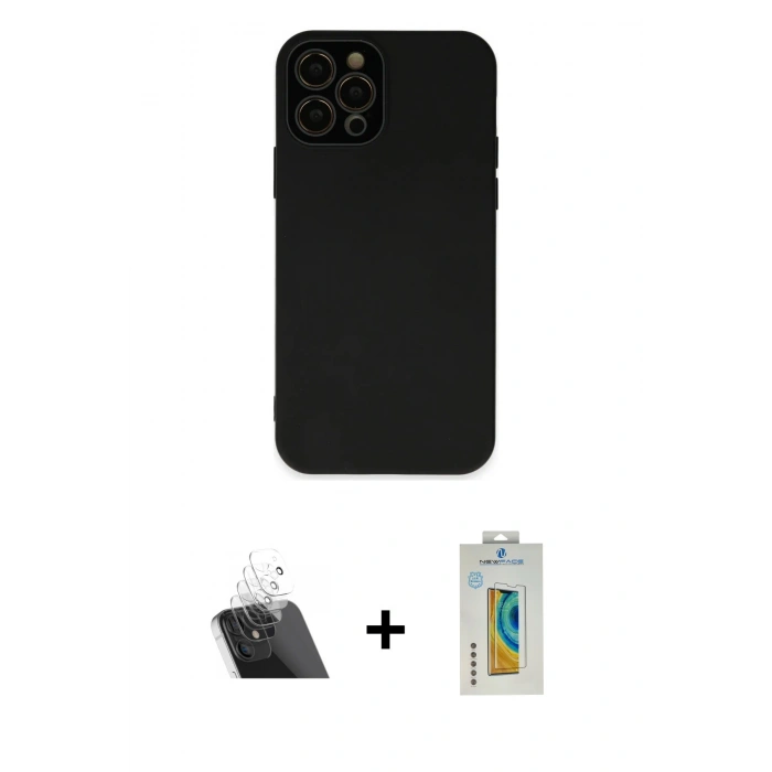 MARSİLYAN™- iPhone 12 Pro Kılıf Çekirdek Modern Serisi - Siyah Polymer Nano Ekran Koruyucu + Kamera Lens Koruma Cam - SF