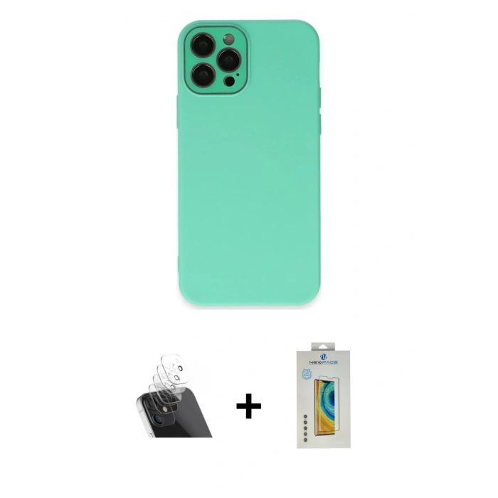 MARSİLYAN™- iPhone 12 Pro Kılıf Çekirdek Modern Serisi - Siyah Polymer Nano Ekran Koruyucu + Kamera Lens Koruma Cam - SF
