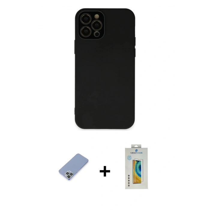 MARSİLYAN™- iPhone 12 Pro Kılıf Çekirdek Modern Serisi - Siyah Polymer Nano Ekran Koruyucu + Metal Kamera Lens Koruma Cam - KUYL