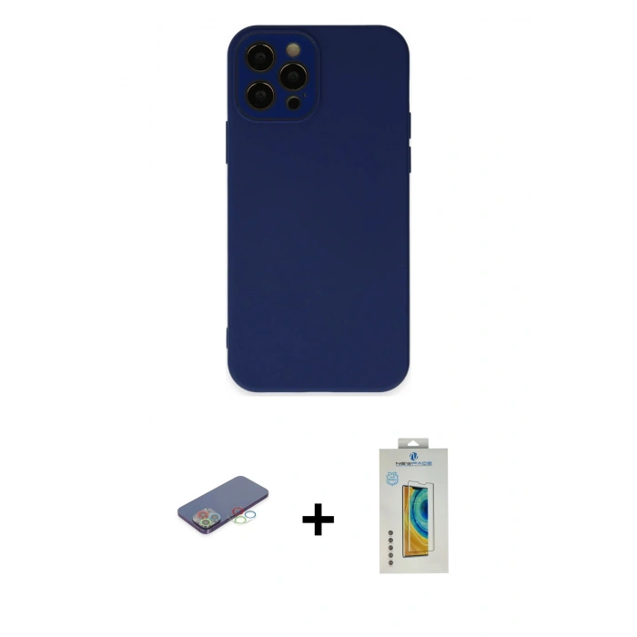 MARSİLYAN™- iPhone 12 Pro Kılıf Çekirdek Modern Serisi - Siyah Polymer Nano Ekran Koruyucu + Renkli Kamera Lens Koruma Cam - MI