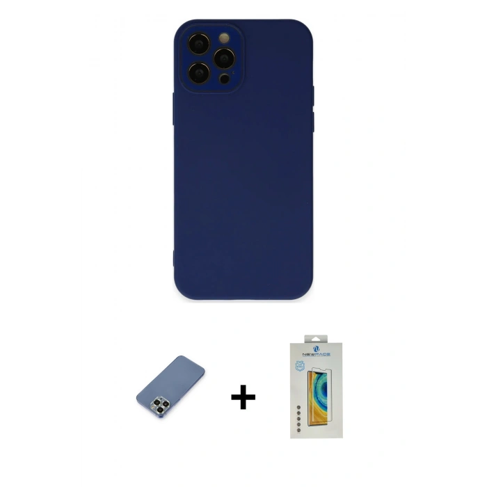 MARSİLYAN™- iPhone 12 Pro Kılıf Çekirdek Modern Serisi - Siyah Polymer Nano Ekran Koruyucu + Metal Kamera Lens Koruma Cam - AKYL