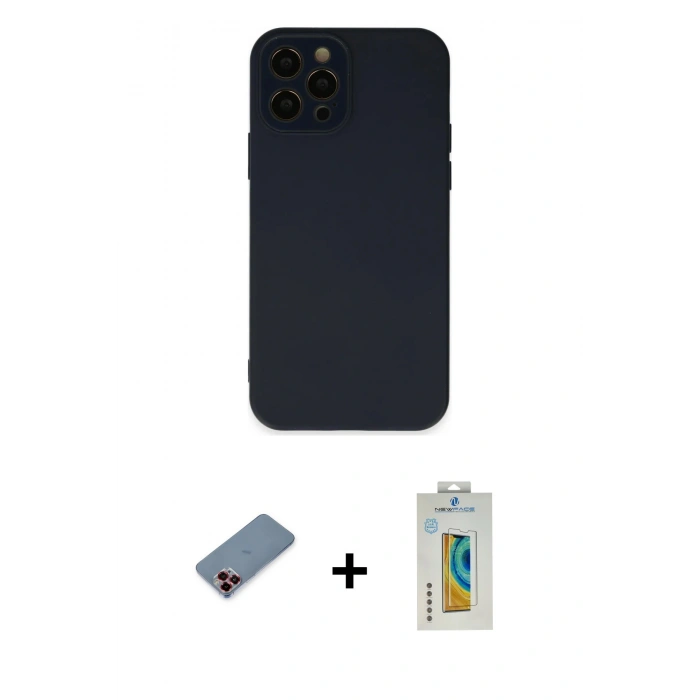 MARSİLYAN™- iPhone 12 Pro Kılıf Çekirdek Modern Serisi - Siyah Polymer Nano Ekran Koruyucu + Metal Kamera Lens Koruma Cam - KI