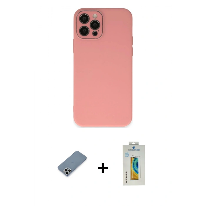 MARSİLYAN™- iPhone 12 Pro Kılıf Çekirdek Modern Serisi - Siyah Polymer Nano Ekran Koruyucu + Metal Kamera Lens Koruma Cam - GS