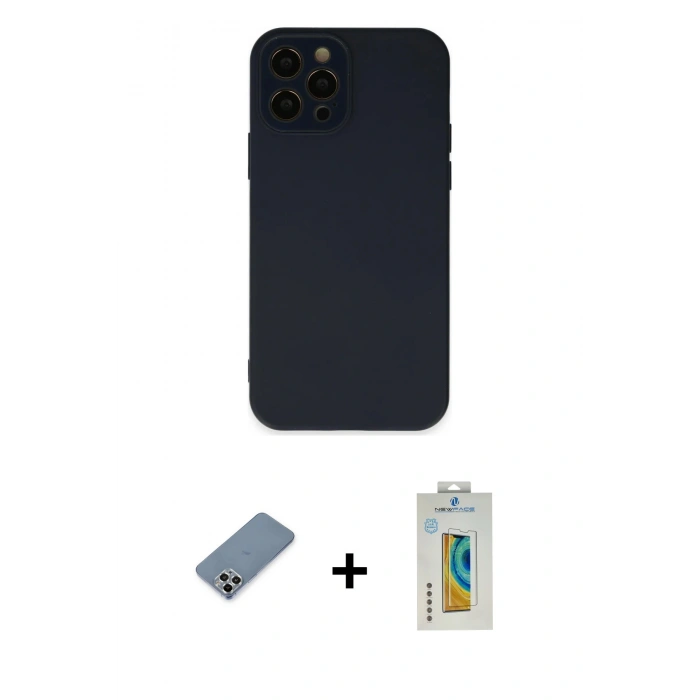 MARSİLYAN™- iPhone 12 Pro Kılıf Çekirdek Modern Serisi - Siyah Polymer Nano Ekran Koruyucu + Metal Kamera Lens Koruma Cam - GS