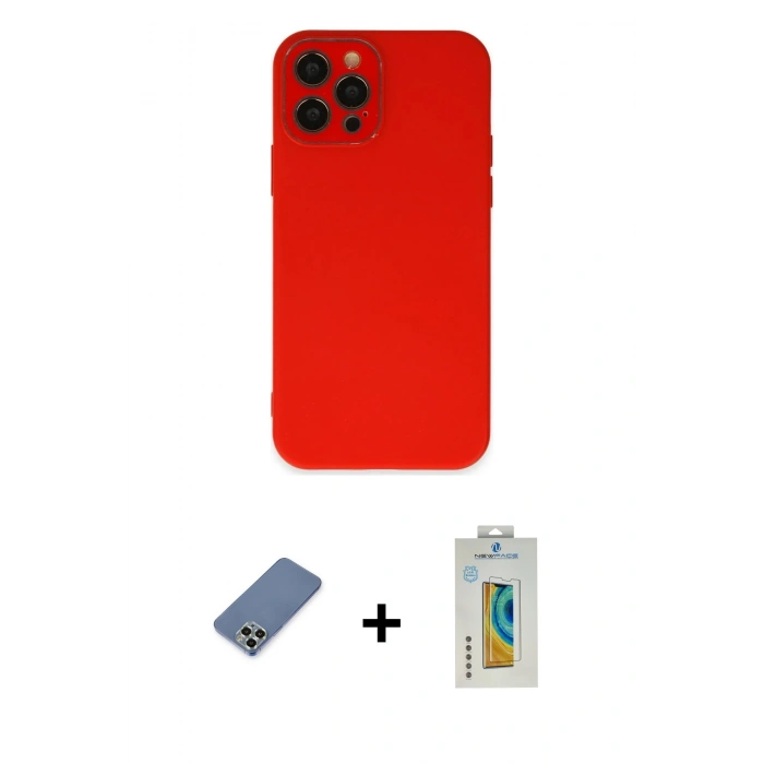 MARSİLYAN™- iPhone 12 Pro Kılıf Çekirdek Modern Serisi - Siyah Polymer Nano Ekran Koruyucu + Metal Kamera Lens Koruma Cam - AKYL