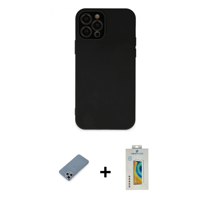 MARSİLYAN™- iPhone 12 Pro Kılıf Çekirdek Modern Serisi - Siyah Polymer Nano Ekran Koruyucu + Metal Kamera Lens Koruma Cam - GS