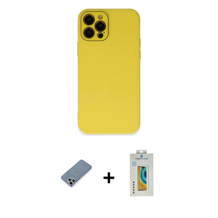 MARSİLYAN™- iPhone 12 Pro Kılıf Çekirdek Modern Serisi - Siyah Polymer Nano Ekran Koruyucu + Metal Kamera Lens Koruma Cam - GS