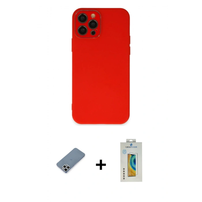 MARSİLYAN™- iPhone 12 Pro Kılıf Çekirdek Modern Serisi - Siyah Polymer Nano Ekran Koruyucu + Metal Kamera Lens Koruma Cam - GS
