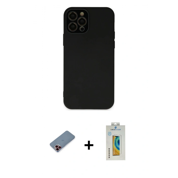 MARSİLYAN™- iPhone 12 Pro Kılıf Çekirdek Modern Serisi - Siyah Polymer Nano Ekran Koruyucu + Metal Kamera Lens Koruma Cam - KI