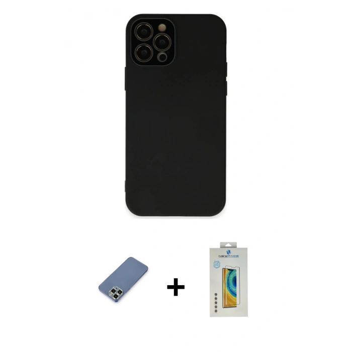 MARSİLYAN™- iPhone 12 Pro Kılıf Çekirdek Modern Serisi - Siyah Polymer Nano Ekran Koruyucu + Metal Kamera Lens Koruma Cam - AKYL