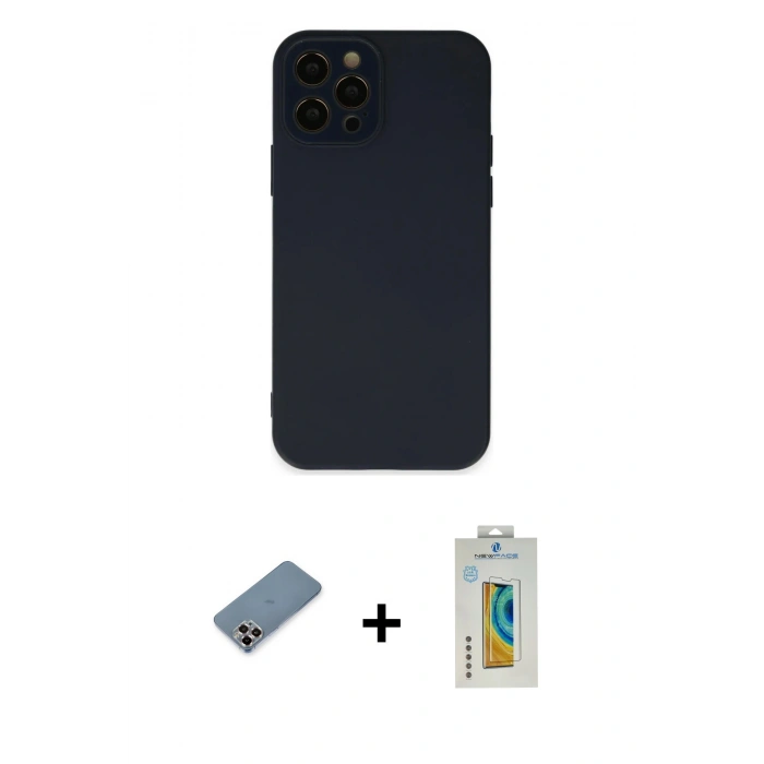 MARSİLYAN™- iPhone 12 Pro Kılıf Çekirdek Modern Serisi - Siyah Polymer Nano Ekran Koruyucu + Mor Metal Kamera Lens Koruma Cam