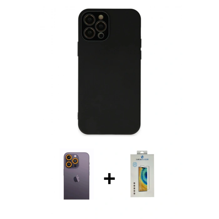 MARSİLYAN™- iPhone 12 Pro Kılıf Çekirdek Modern Serisi - Siyah Polymer Nano Ekran Koruyucu + Neon Fosforlu Kamera Lens - SI