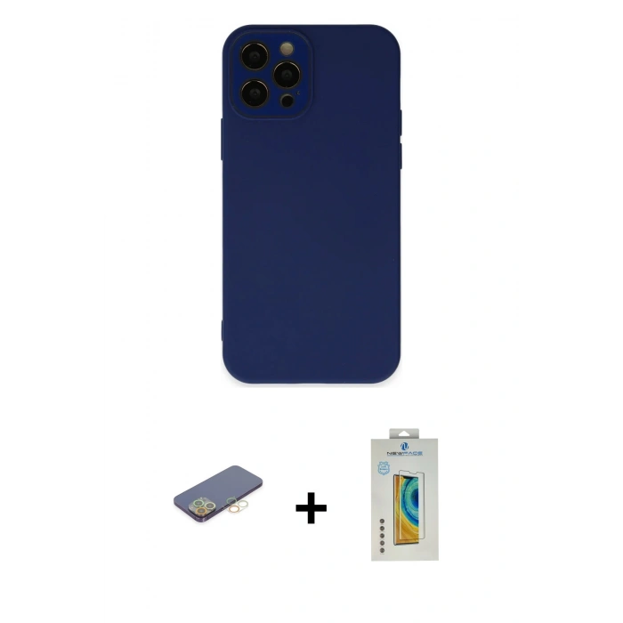MARSİLYAN™- iPhone 12 Pro Kılıf Çekirdek Modern Serisi - Siyah Polymer Nano Ekran Koruyucu + Renkli Kamera Lens Koruma Cam - SI