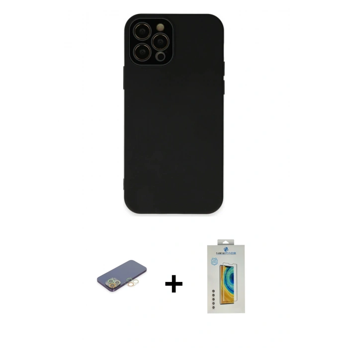 MARSİLYAN™- iPhone 12 Pro Kılıf Çekirdek Modern Serisi - Siyah Polymer Nano Ekran Koruyucu + Renkli Kamera Lens Koruma Cam - SI