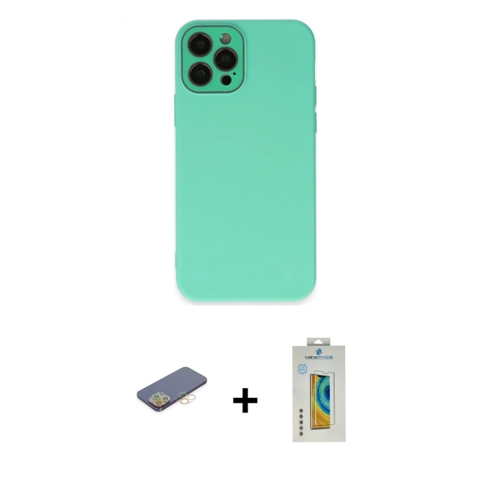 MARSİLYAN™- iPhone 12 Pro Kılıf Çekirdek Modern Serisi - Siyah Polymer Nano Ekran Koruyucu + Renkli Kamera Lens Koruma Cam - SI
