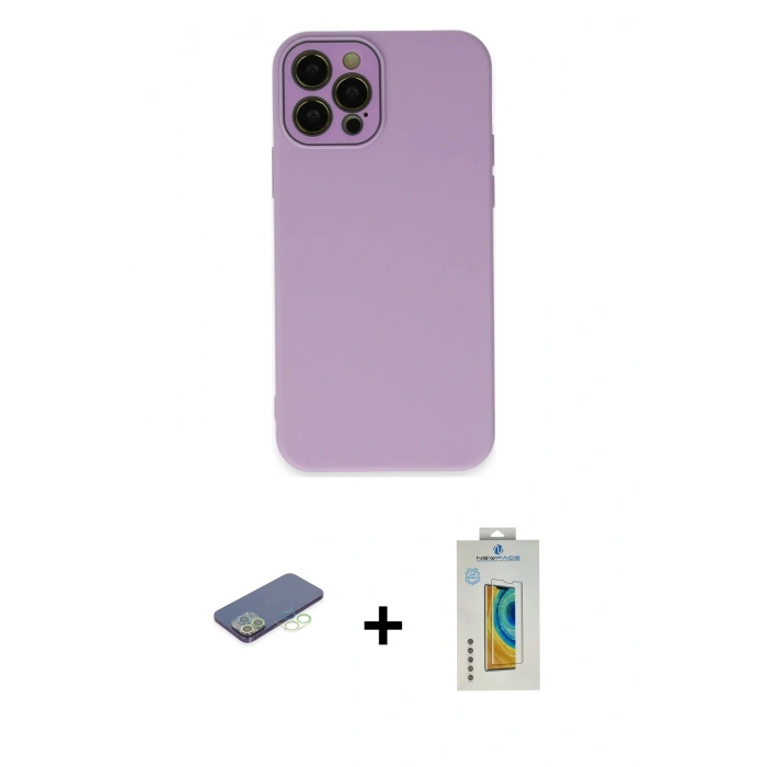 MARSİLYAN™- iPhone 12 Pro Kılıf Çekirdek Modern Serisi - Siyah Polymer Nano Ekran Koruyucu + Renkli Kamera Lens Koruma Cam - YL
