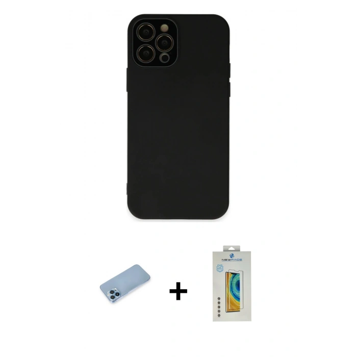 MARSİLYAN™- iPhone 12 Pro Kılıf Çekirdek Modern Serisi - Siyah Polymer Nano Ekran Koruyucu + Shine Kamera Lens Koruma Cam - MI
