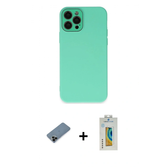 MARSİLYAN™- iPhone 12 Pro Kılıf Çekirdek Modern Serisi - Siyah Polymer Nano Ekran Koruyucu + Shine Kamera Lens Koruma Cam - SH