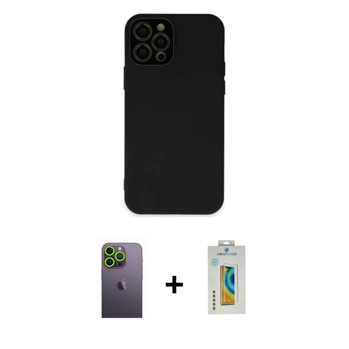 MARSİLYAN™- iPhone 12 Pro Kılıf Çekirdek Modern Serisi - Siyah Polymer Nano Ekran Koruyucu + Neon Fosforlu Kamera Lens - YL