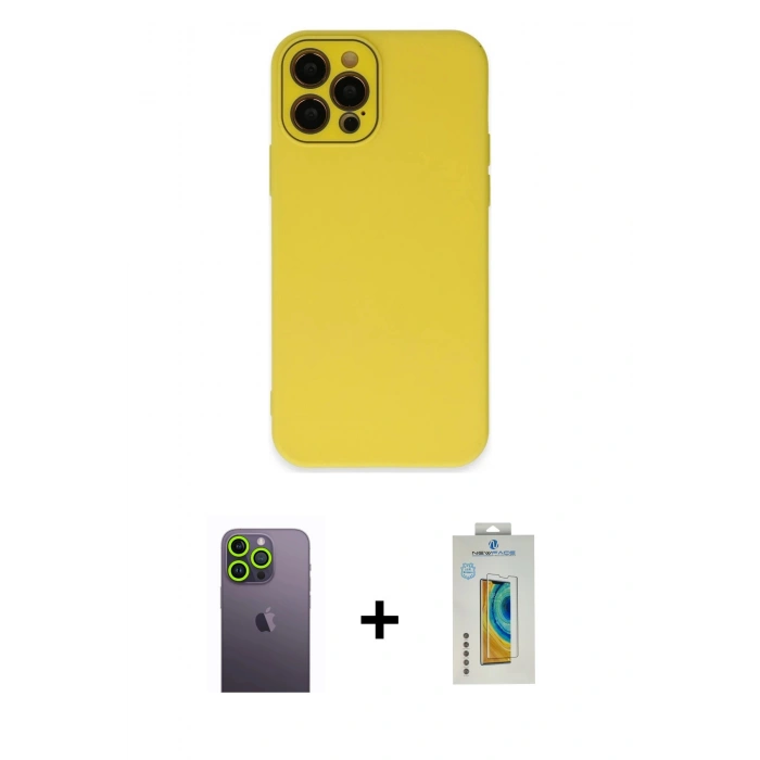 MARSİLYAN™- iPhone 12 Pro Kılıf Çekirdek Modern Serisi - Siyah Polymer Nano Ekran Koruyucu + Neon Fosforlu Kamera Lens - YL