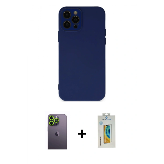 MARSİLYAN™- iPhone 12 Pro Kılıf Çekirdek Modern Serisi - Siyah Polymer Nano Ekran Koruyucu + Neon Fosforlu Kamera Lens - YL