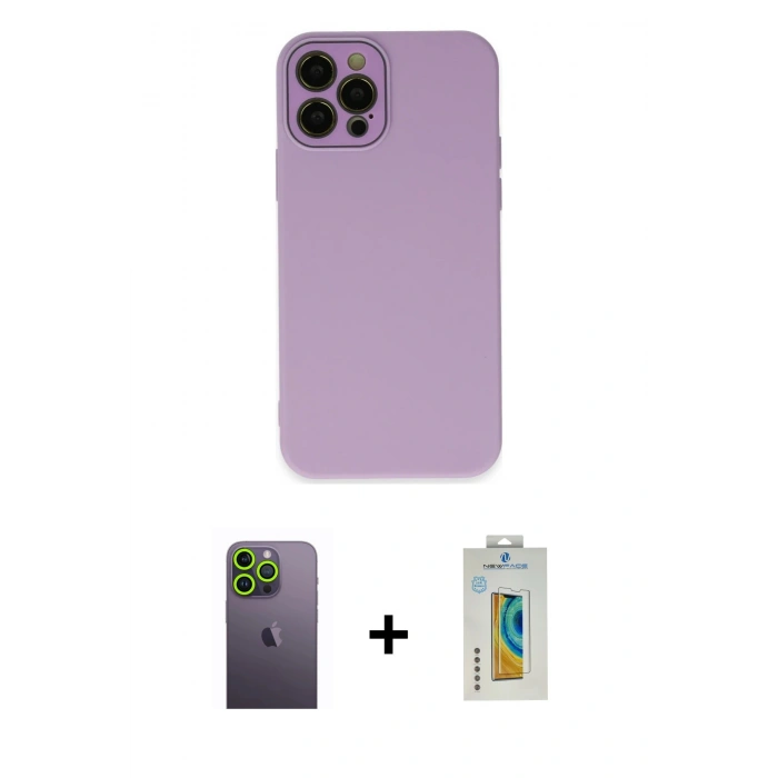 MARSİLYAN™- iPhone 12 Pro Kılıf Çekirdek Modern Serisi - Siyah Polymer Nano Ekran Koruyucu + Neon Fosforlu Kamera Lens - YL