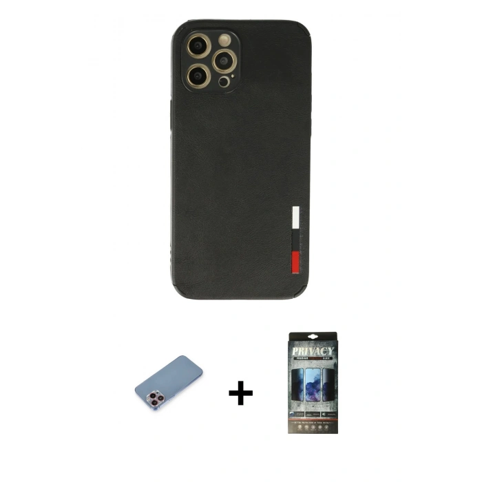 MARSİLYAN™- iPhone 12 Pro Kılıf Doruk Asil Koleksiyonu - Siyah 34D Hayalet Izgaralı Cam + Shine Kamera Lens Koruma Cam - PE