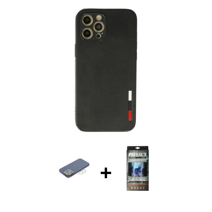 MARSİLYAN™- iPhone 12 Pro Kılıf Doruk Asil Koleksiyonu - Siyah 34D Hayalet Izgaralı Cam + Renkli Kamera Lens Koruma Cam - YL