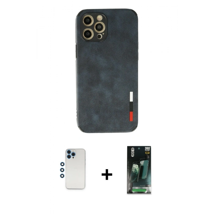 MARSİLYAN™- iPhone 12 Pro Kılıf Doruk Asil Koleksiyonu - Siyah 360 Mat Full Body Arka Koruyucu + Shine Kamera Lens - MI
