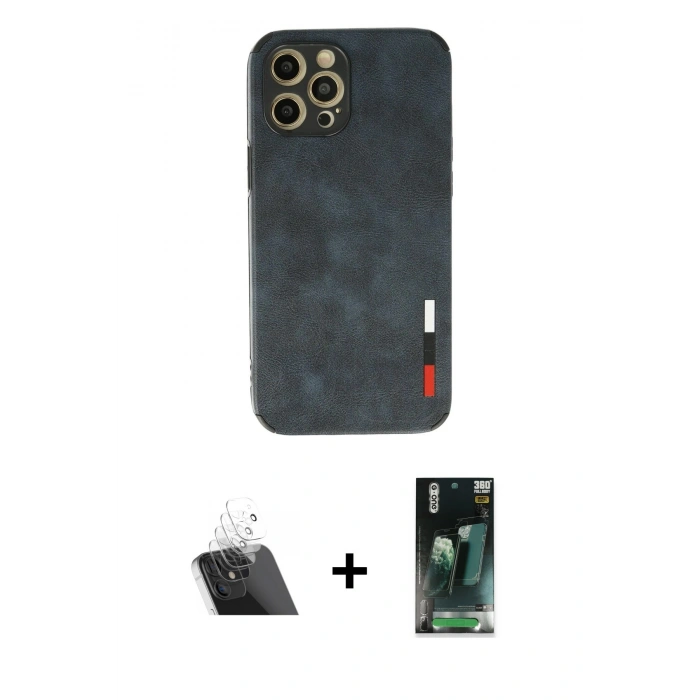 MARSİLYAN™- iPhone 12 Pro Kılıf Doruk Asil Koleksiyonu - Siyah 360 Mat Full Body Arka Koruyucu + Kamera Lens Koruma Cam - SF
