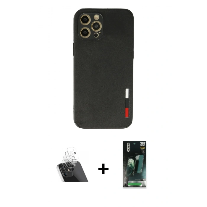 MARSİLYAN™- iPhone 12 Pro Kılıf Doruk Asil Koleksiyonu - Siyah 360 Mat Full Body Arka Koruyucu + Kamera Lens Koruma Cam - SF