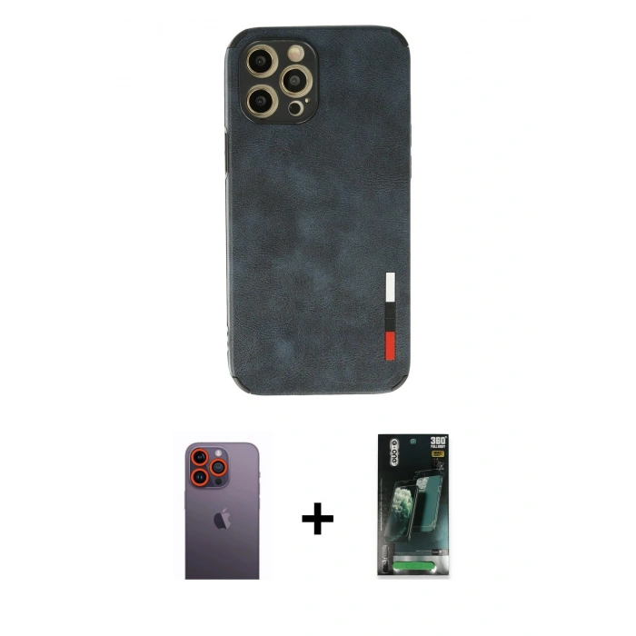 MARSİLYAN™- iPhone 12 Pro Kılıf Doruk Asil Koleksiyonu - Siyah 360 Mat Full Body Arka Koruyucu + Neon Fosforlu Kamera Lens - TU