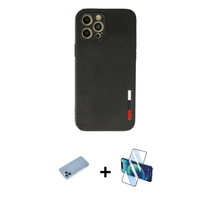MARSİLYAN™- iPhone 12 Pro Kılıf Doruk Asil Koleksiyonu - Siyah 3D Antistatik Cam Ekran Koruyucu + Shine Kamera Lens Koruma Cam - MI