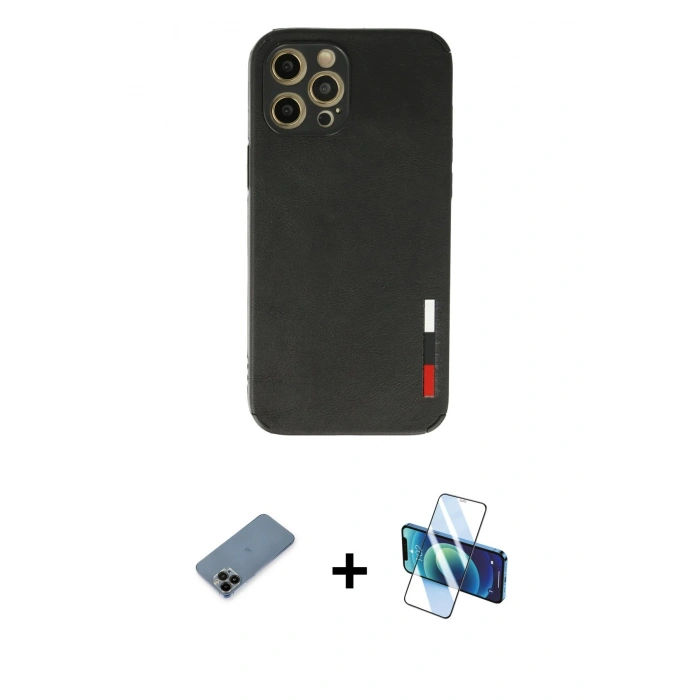 MARSİLYAN™- iPhone 12 Pro Kılıf Doruk Asil Koleksiyonu - Siyah 3D Antistatik Seramik Nano Ekran Koruyucu + Shine Kamera Lens Koruma Cam - SH