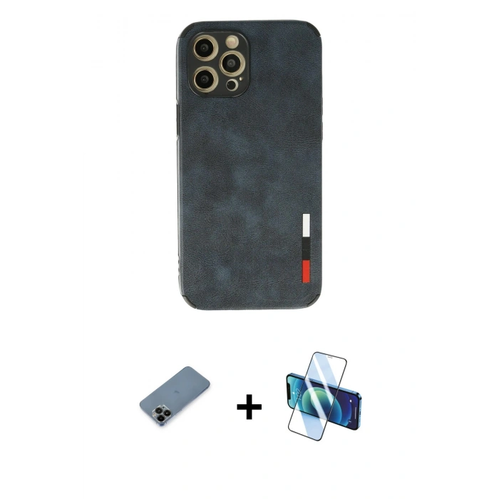 MARSİLYAN™- iPhone 12 Pro Kılıf Doruk Asil Koleksiyonu - Siyah 3D Antistatik Seramik Nano Ekran Koruyucu + Shine Kamera Lens Koruma Cam - SH