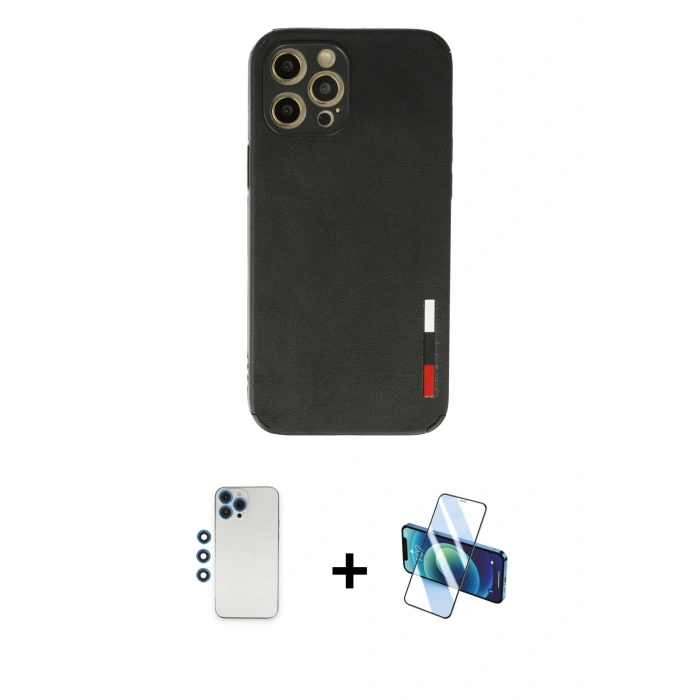 MARSİLYAN™- iPhone 12 Pro Kılıf Doruk Asil Koleksiyonu - Siyah 3D Antistatik Seramik Nano Ekran Koruyucu + Shine Kamera Lens - MI