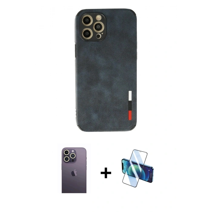 MARSİLYAN™- iPhone 12 Pro Kılıf Doruk Asil Koleksiyonu - Siyah 3D Antistatik Seramik Nano Ekran Koruyucu + Neon Fosforlu Kamera Lens - BZ