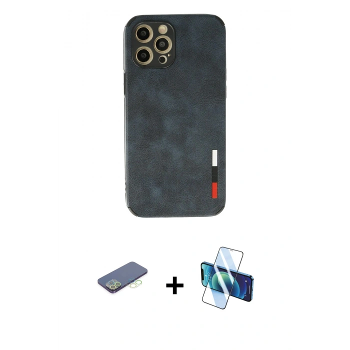 MARSİLYAN™- iPhone 12 Pro Kılıf Doruk Asil Koleksiyonu - Siyah 3D Antistatik Seramik Nano Ekran Koruyucu + Renkli Kamera Lens Koruma Cam - YL