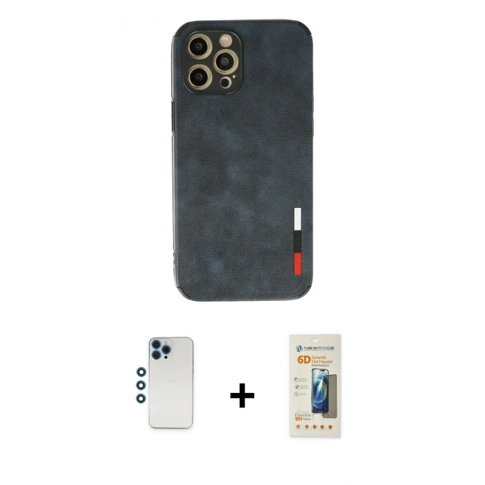 MARSİLYAN™- iPhone 12 Pro Kılıf Doruk Asil Koleksiyonu - Siyah 6D Mat Seramik Hayalet Nano Ekran Koruyucu + Shine Kamera Lens - MI