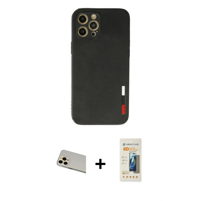 MARSİLYAN™- iPhone 12 Pro Kılıf Doruk Asil Koleksiyonu - Siyah 6D Mat Seramik Hayalet Nano Ekran Koruyucu + Rainbow Kamera Lens Koruma Cam - GD