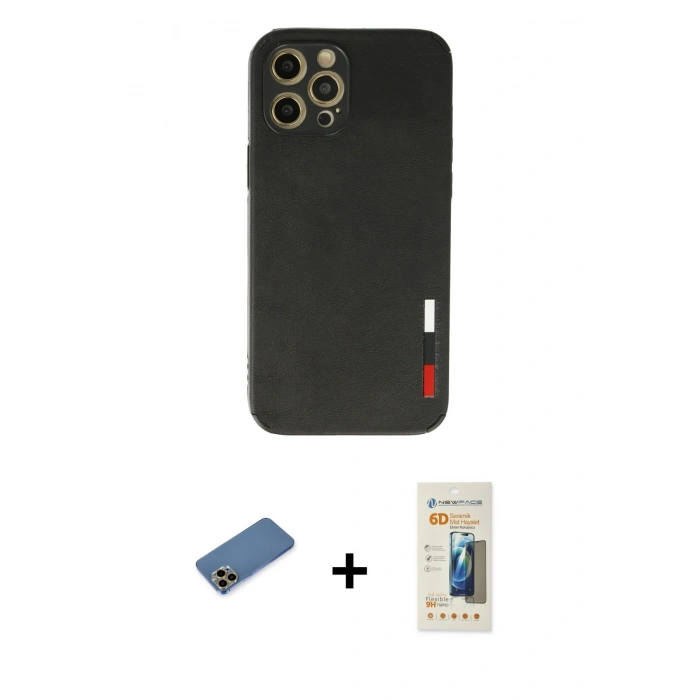 MARSİLYAN™- iPhone 12 Pro Kılıf Doruk Asil Koleksiyonu - Siyah 6D Mat Seramik Hayalet Nano Ekran Koruyucu + Shine Kamera Lens Koruma Cam - GD